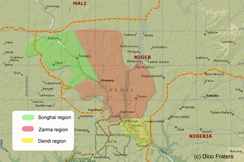 Map of southwest Niger with areas with different Songhay speech varieties