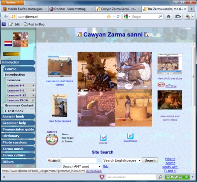 Screen dump of Zarma site April 2012
